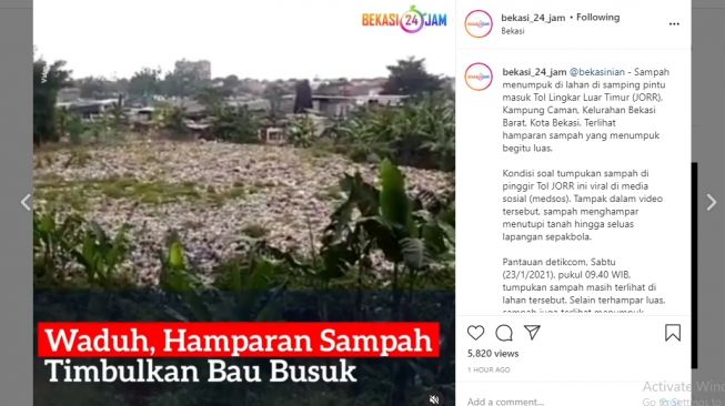 Hamparan sampah di Bekasi Barat, Kota Bekasi, Jawa Barat.(Instagram/@bekasi_24_jam)