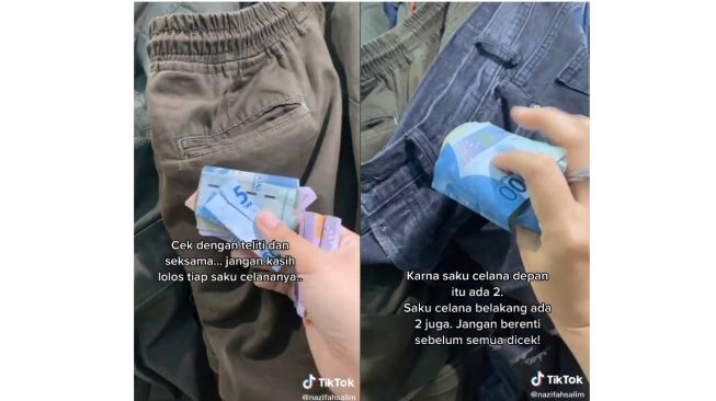 Aksi seorang perempuan yang cari uang di saku celana suami (tiktok.com/@nazifahsalim)