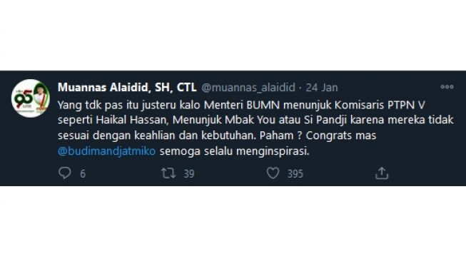  Muannas Alaidid tanggapi isu pengangkatan Budiman Sudjatmiko dituding bagi-bagi jatah (@muannas_alaidid)