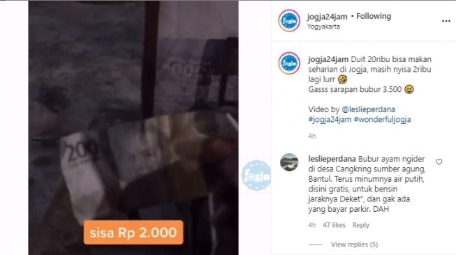 Video perjalanan seorang pria menggunakan uang Rp 20.000 untuk makan seharian di Jogja. - (Instagram/@jogja24jam)