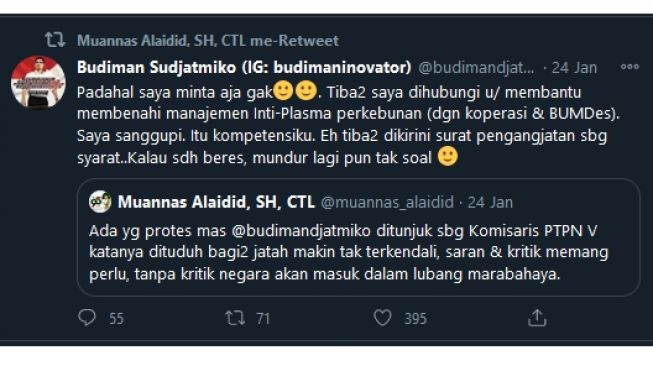 Balasan Budiman Sudjatmiko pada cuitan Muannas Alaidid (@budimandjatmiko)