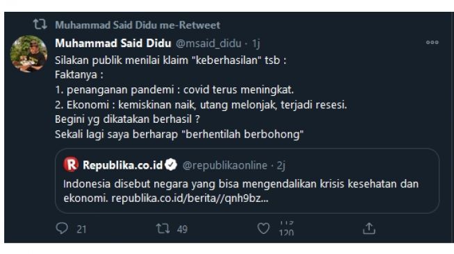 Kicauan Said Didu, kritik pernyataan Presiden Jokowi tentang krisis pandemi (twitter.com/msaid_didu)