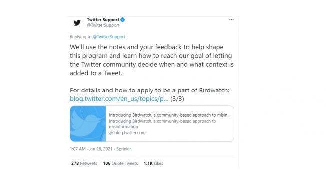 Postingan Twitter meluncurkan program Birdwatch. [Twitter]