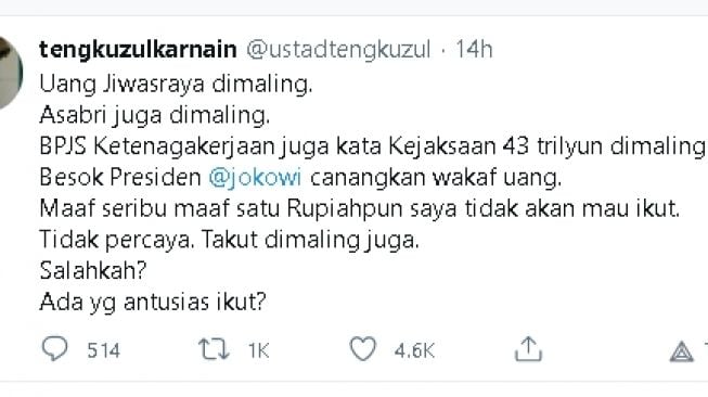 Cuitan Tengku Zul tolak gerakan nasional wakaf uang (Twitter)