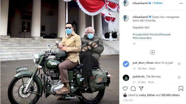 Ridwan Kamil bonceng Bernie Sanders gunakan Royal Enfield (Instagram)