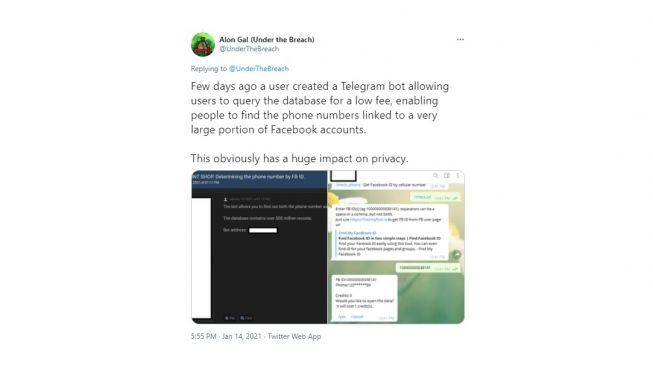 Nomor kontak pengguna Facebook dijual di Bot Telegram. [Twitter]