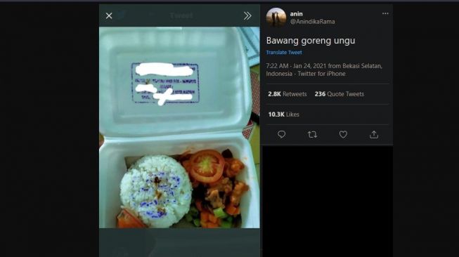 Nasi kotak bawang goreng ungu. [Twitter/@AnindikaRama]