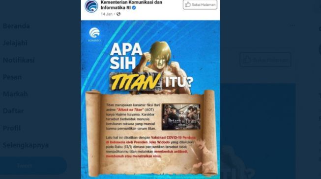 Kominfo Edukasi Soal Vaksin dan Titan, Warganet: Akun Pemerintah Gini Amat