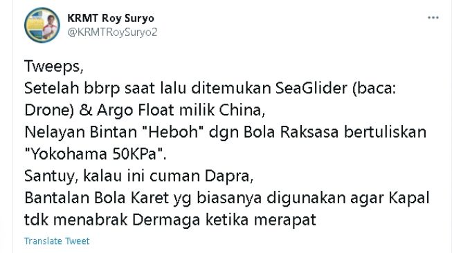 Cuitan Roy Suryo soal penemuan bola hitam raksasa (twitter)