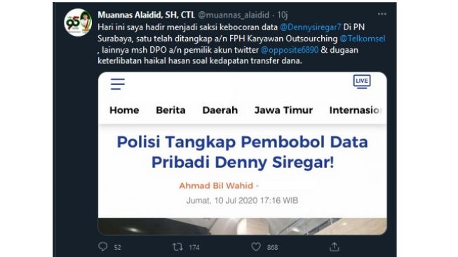 Kicauan Muannas Alaidid soal sidang kebocoran data Denny Siregar (twitter.com/muannas_alaidid)
