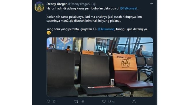 Kicauan Denny Siregar yang akan hadir dalam sidang kebocoran data miliknya (twitter.com/Dennysiregar)