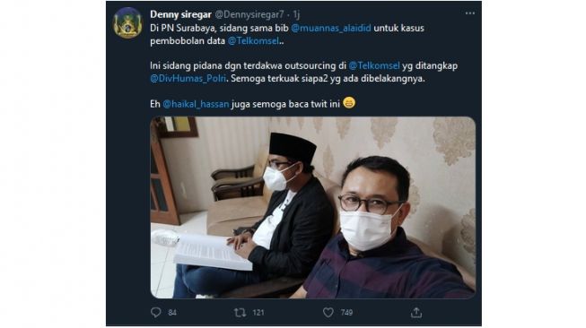 Kicauan Denny Siregar yang akan hadir dalam sidang kebocoran data miliknya (twitter.com/Dennysiregar)