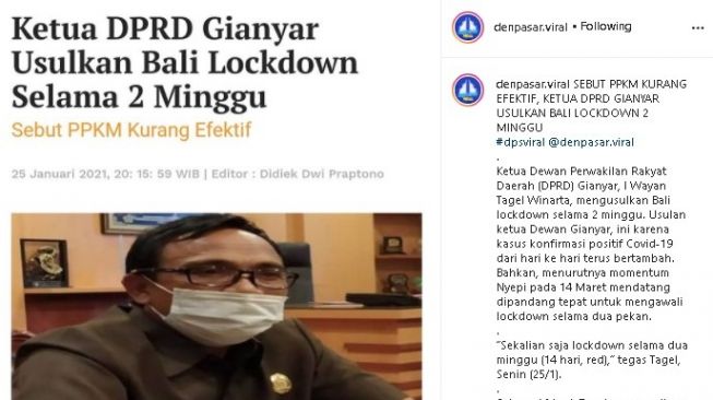 Usulan DPRD Bali lockdown. (Instagram/@denpasar.viral)