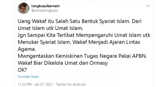 Tak Sepakat Dana Wakaf Dipakai Pemerintah, Tengku Zul: Dikelola Umat Saja