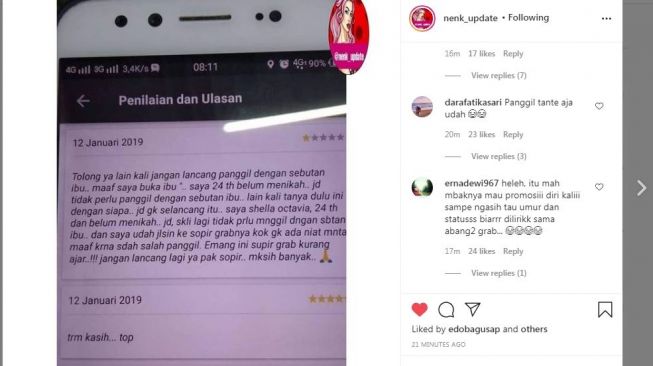 CS Baper gara-gara dipanggil "ibu" oleh driver ojol (Instagram)