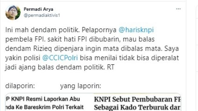 Abu Janda menuding pelapornya dendam karena FPI dibubarkan pemerintah Jokowi. 