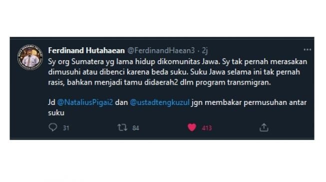 Cuitan Ferdinand Hutahaean yang meminta Tengku Zul dan Natalius Pigai tak picu perpecahan antarsuku (twitter.com/FerdinandHaean3)