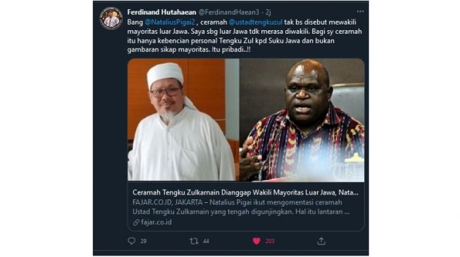 Cuitan Ferdinand Hutahaean yang meminta Tengku Zul dan Natalius Pigai tak picu perpecahan antarsuku (twitter.com/FerdinandHaean3)