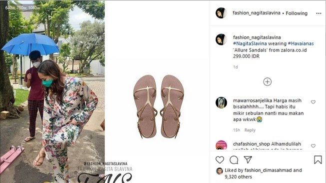 Harga sandal jepit Nagita Slavina jadi sorotan warganet. (Instagram/@fashion_nagitaslavina)