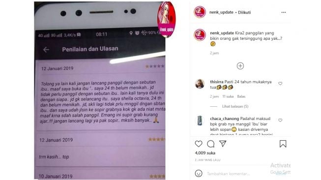 Isi ulasan perempuan yang marah akibat dipanggil ibu oleh supir ojol (instagram.com/nenk_update)