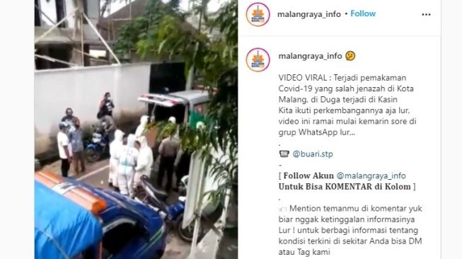Viral video jenazah COVID-19 tertukar di Kota Malang. [tangkapan layar Instagram/@malangraya_info]