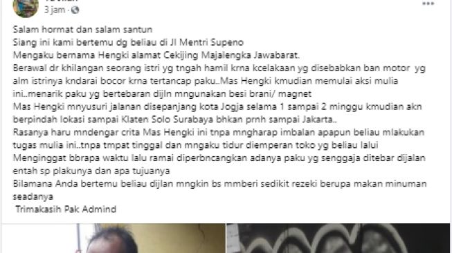 Kisah pria yang rela melakukan sweeping ranjau paku di jalan secara sukarela (Facebook)