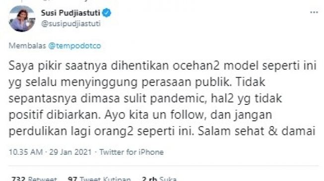 Susi Pudjiastuti serukan unfollow Twitter Abu Janda. 