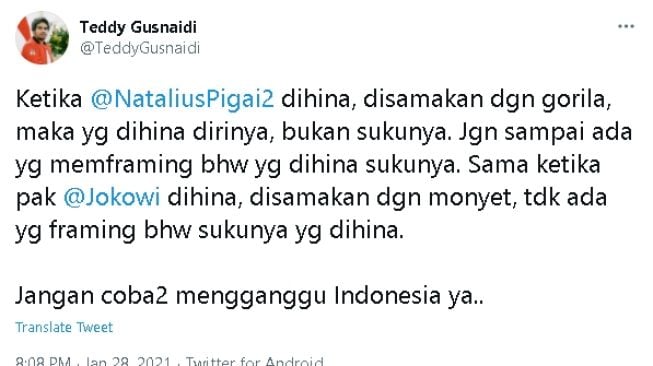 Cuitan Teddy Gusnaidi soal ujaran rasisme Natalius Pigai (Twitter)