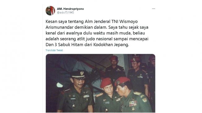 Kesan AM Hendropriyono terhadap almarhum Wismoyo Arismunandar (Twitter)