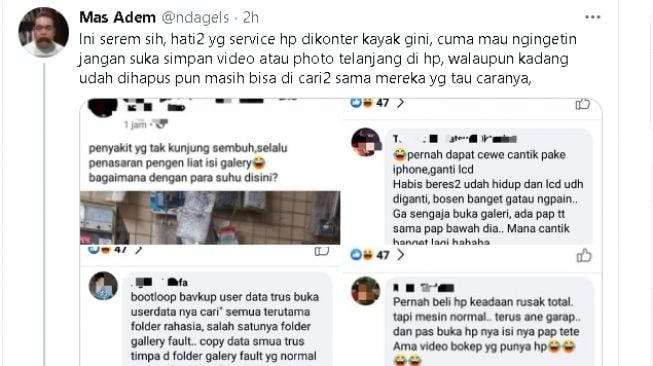 Aksi meresahkan tukang servis HP bongkar galeri untuk dapatkan foto dan video bugil (Twitter)