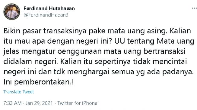 Ferdinand Hutahaean kritik pasar yang bertransaksi pakai mata uang asing (Twitter)