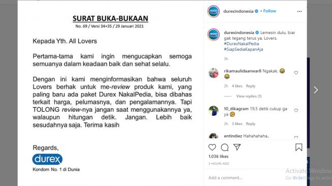 Tangkapan layar surat buka-bukaan Durex Indonesia.(Instagram/@durexindoneisa)