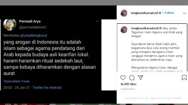 Bantahan Tengku Zul terhadap cuitan Abu Janda (Instagram)