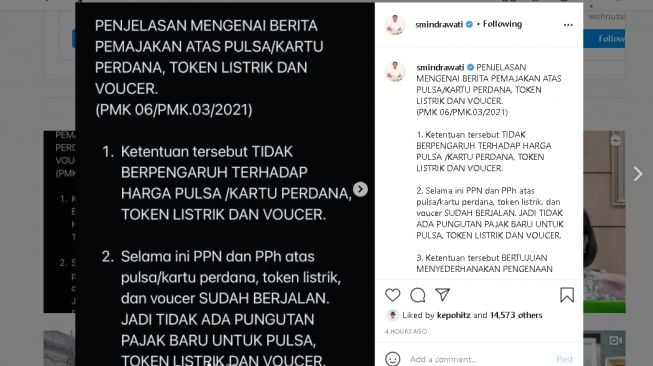 Penjelasan Menkeu soal pemajakan pulsa, kartu perdana, dan token listrik (Instagram)