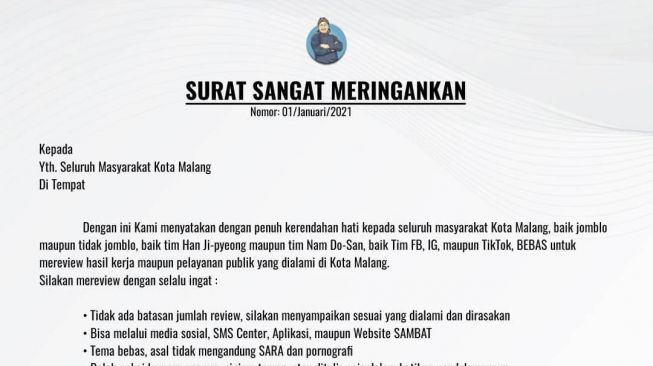 Ikuti Tren Viral, Wali Kota Malang Unggah Surat Bebas Review