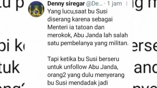 Cuitan Denny Siregar tentang Susi Pudjiastuti. [ist]