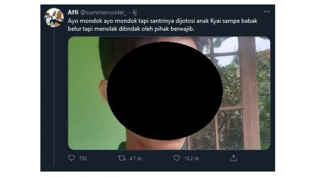 Utasan Affi tentang seorang santri yang diduga dianiaya oleh Anak Kyai (twitter.com/summercooler_)