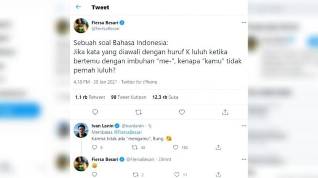 Ivan Lanin menjawab twitter Fiersa Besari.[Twitter/@FiersaBesari]