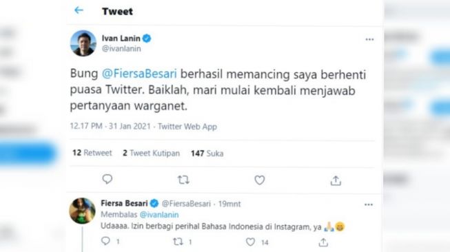 Ivan Lanin menyebut Fiersa Besari berhasil memancingnya berhenti puasa twitter.[Twitter/@ivanlanin]