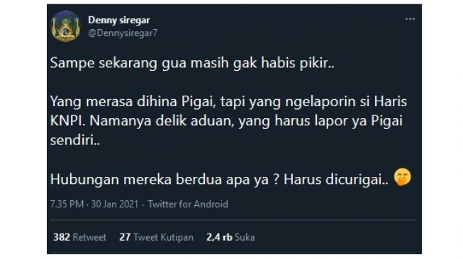 Cuitan Denny Siregar soal pernyataan Ketua KNPI Haris Pertama (twitter.com/Dennysiregar7)