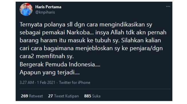 Pelapor Abu Janda Diteror! Rumah Mau Digeledah dan Dituduh Narkoba (twitter.com/knpiharis)