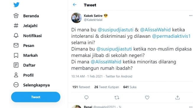 Warganet pertanyakan Susi Pudjiastuti dan Alissa Wahid.[Twitter/@KakekHalal]