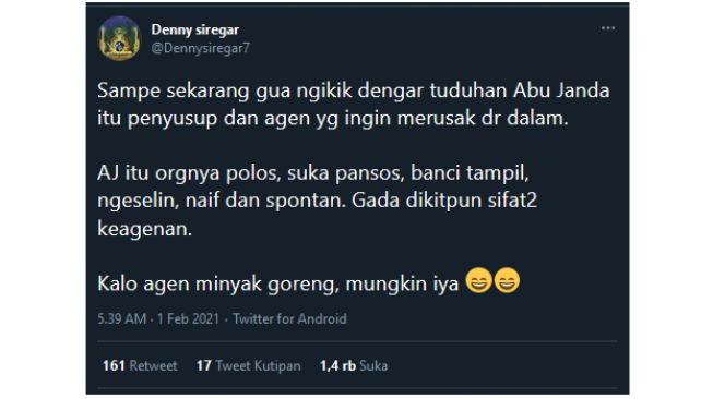 Abu Janda Dituduh Agen, Denny Siregar: Agen Minyak Goreng, Mungkin Iya (twitter.com/Dennysiregar7)