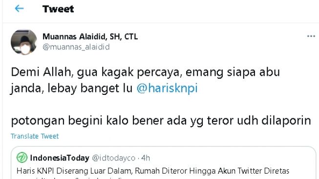 Cuitan Muannas Alaidid soal teror yang dialami ketua KNPI (Twitter)