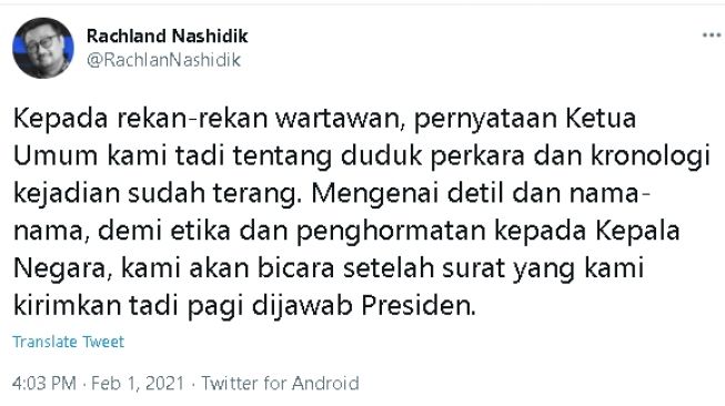 Cuitan Rachland Nashidik soal dugaan rencana kudeta terhadap Partai Demokrat (Twitter)