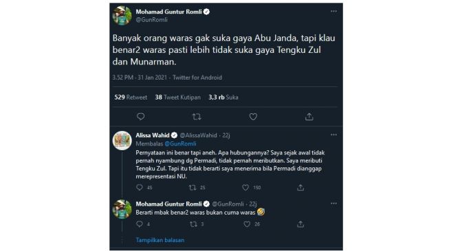 Cuitan Gun Romli ditanggapi Alissa Wahid (twitter.com/gunromli)