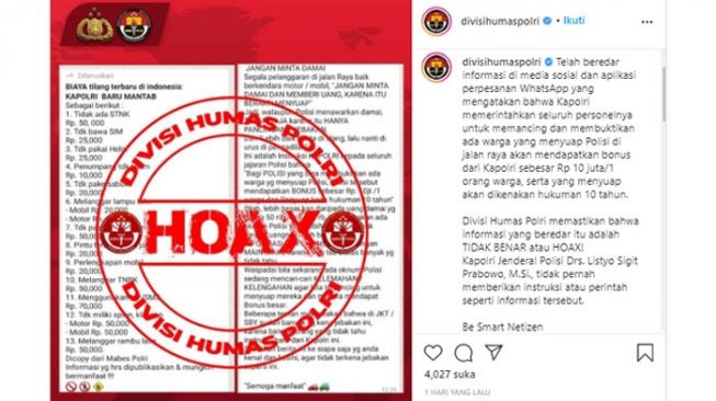 Hoaks Kapolri Tetapkan Tarif Tilang Baru. [Instagram @divisihumaspolri]