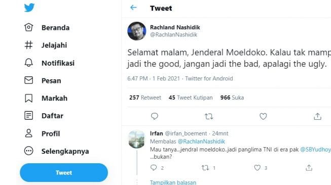 Rachland Nashidik sebut nama Moeldoko di tengah isu pengambilalihan paksa Partai Demkrat.[Twitter/@RachlanNashidik]