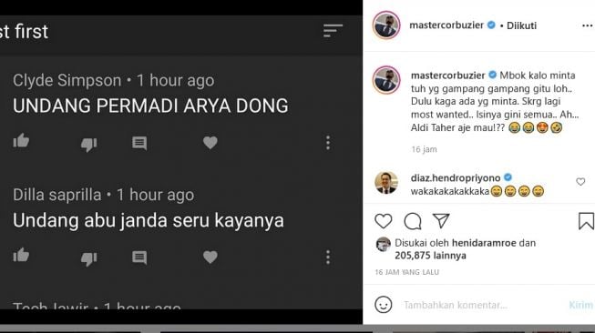 Deddy Corbuzier menawarkan menghadirkan Aldi Taher di podcastnya. [Instagram]