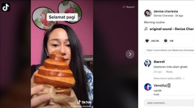 Denise Chariesta pamer sarapan roti mahal, bentuknya bikin warganet nangis. (TikTok/@denise.chariesta)